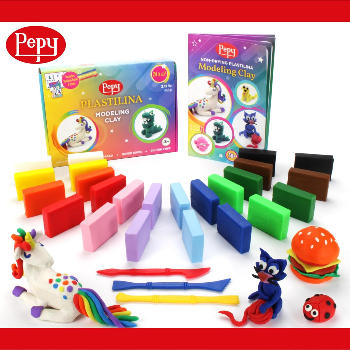 Plastilina - Arcilla de modelado reutilizable y que no se seca, juego de regalo de 24 barras con herramientas de modelado y tutorial, 2 de cada uno de 12 colores, barras de 1.4 oz, perfecta para