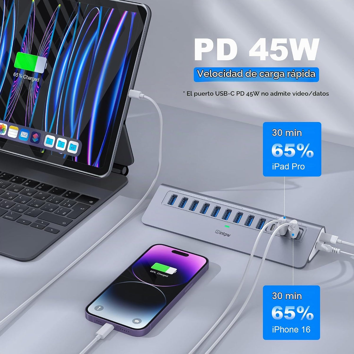 intpw, hub USB 3.0 de 12 puertos, alimentado