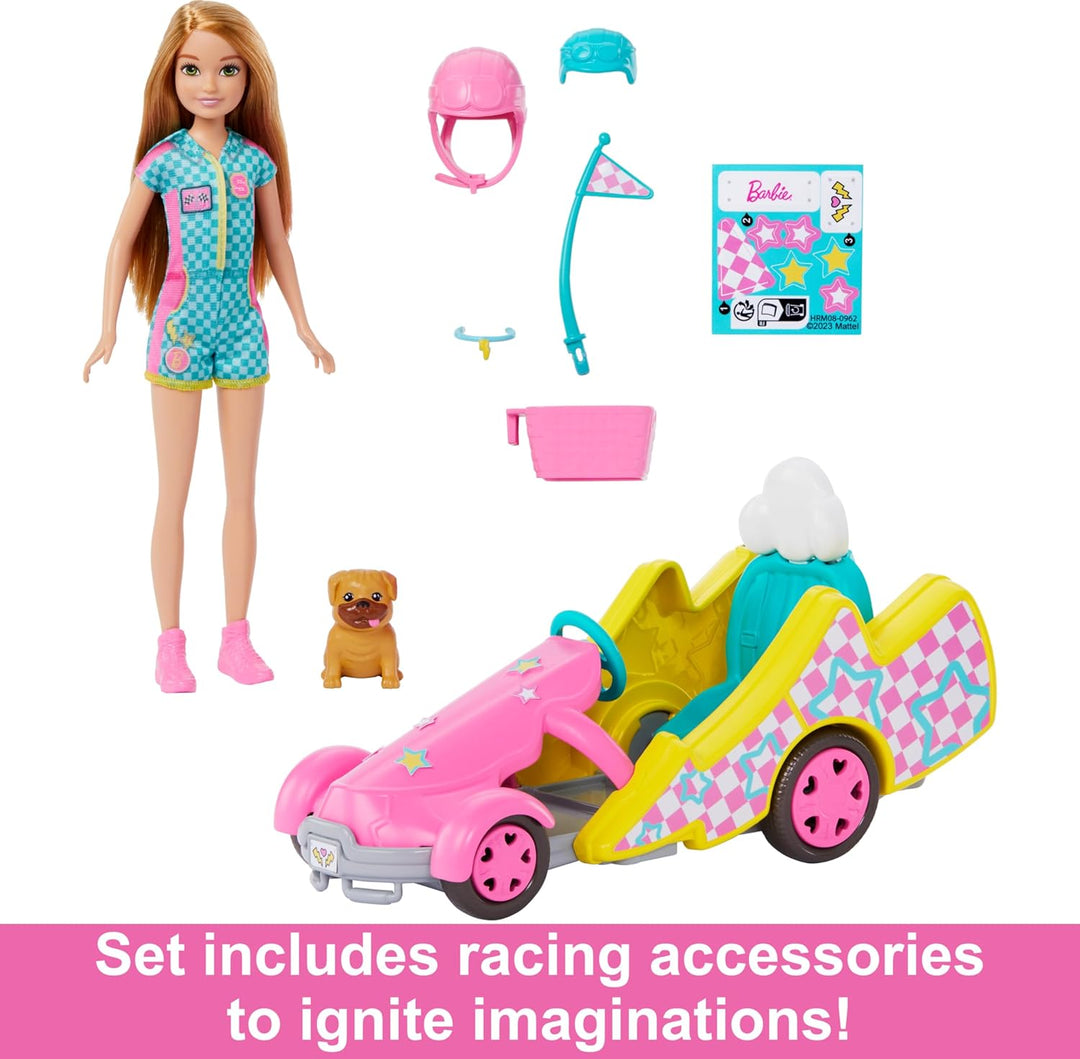 Barbie Stacie - Muñeca con coche de karts con ruedas rodantes, perr...