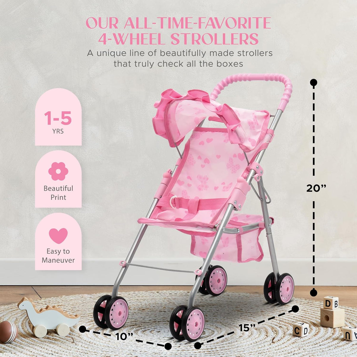 Juego de cochecito, columpio y cuna para muñeca bebé, Rosa