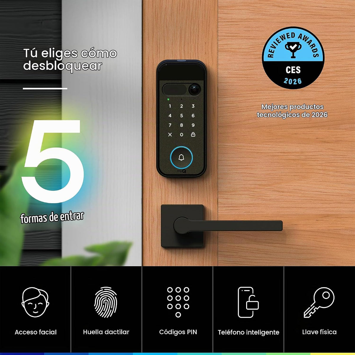 myQ Secure View™ Cerradura inteligente 3 en 1 con cámara de timbre de video HDR 2K, acceso facial, acceso de huellas dactilares, control PIN y aplicaciones: entrada inteligente con cámara incorporada