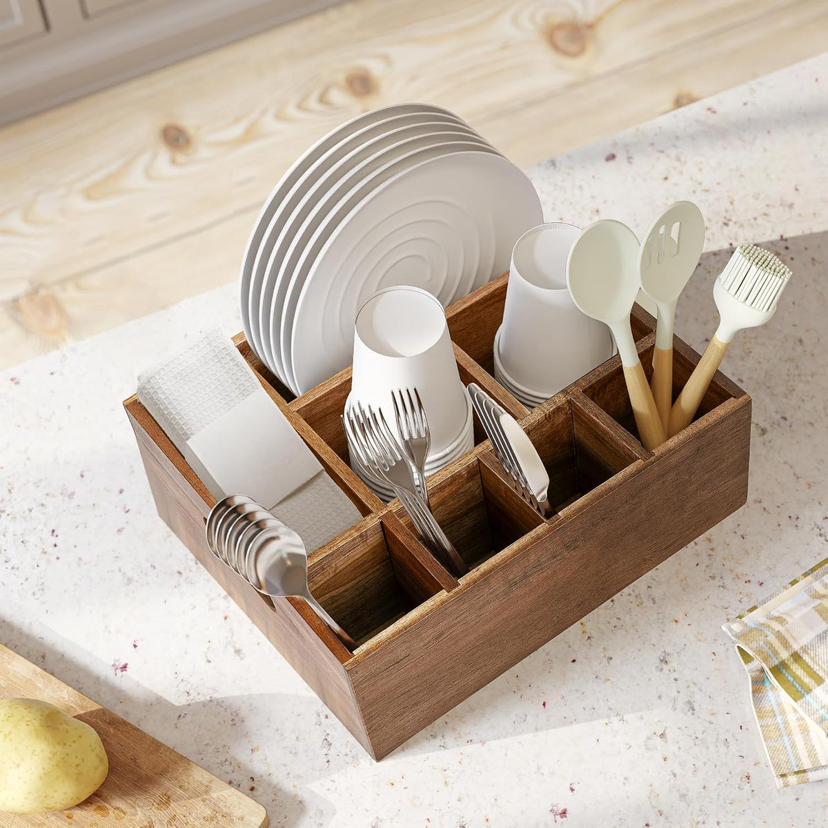 VaeFae Organizador Caddy de Madera de Acacia, Soporte para Servilletas y Platos de Papel, Soporte para Utensilios de Madera, Caddy de Cubiertos para Cocina, Camping, Fiesta