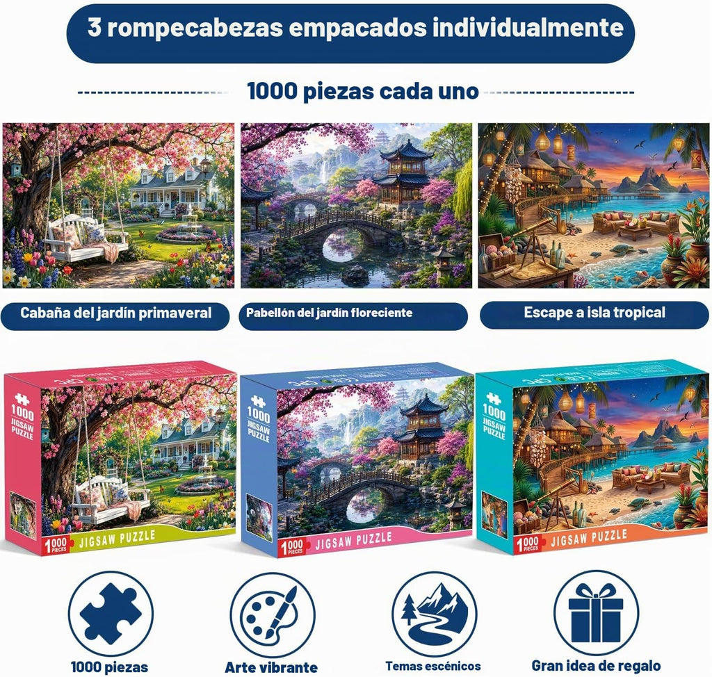 Paquete de 3 rompecabezas de 1000 piezas para adultos, paisajes de jardín