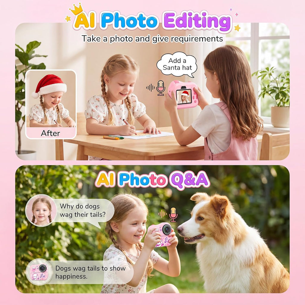 Cámara para Niños AI con Impresión Instantánea y Tarjeta de 32GB, 5 Rollos de Papel, 1080P