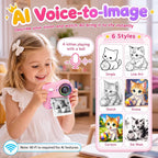 Cámara para Niños AI con Impresión Instantánea y Tarjeta de 32GB, 5 Rollos de Papel, 1080P