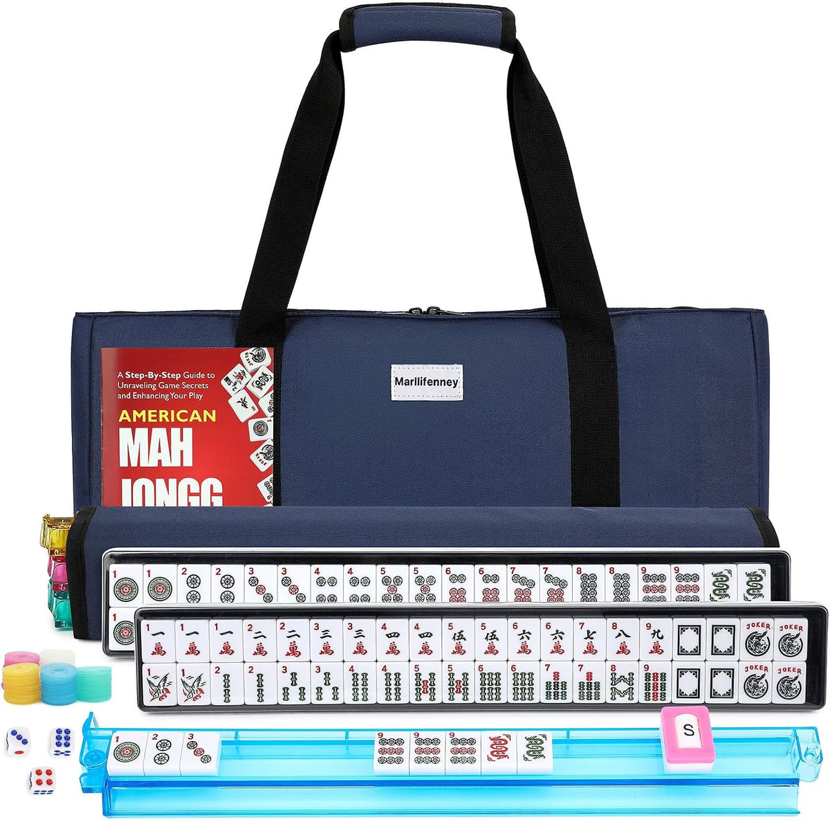 Juego de Fichas de Mahjong Americano, Juego de Mahjong de 166 Fichas Blancas, 4 Soportes de Mahjong de Colores, Juego de Mahjong de Viaje con Bolsa de Transporte Azul