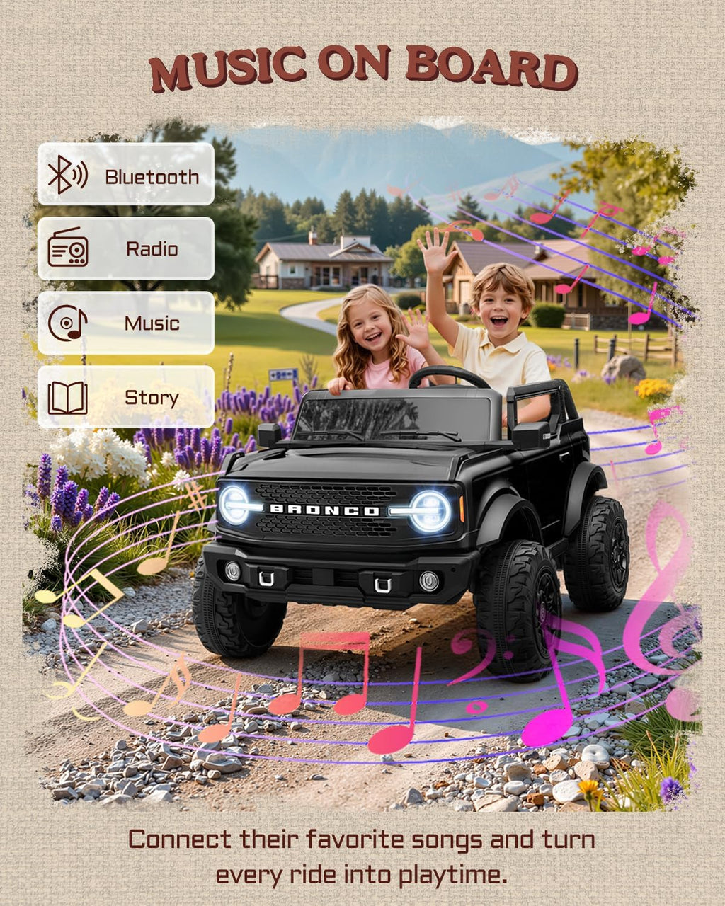 First Ride On Juguetes de paseo de 24 V para niños grandes, auto base Ford Bronco con licencia de 2 plazas, automóvil eléctrico para niños con control remoto para padres, Bluetooth, cinturones de seguridad, suspensión de resorte y LED (negro)