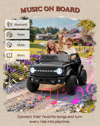 First Ride On Juguetes de paseo de 24 V para niños grandes, auto base Ford Bronco con licencia de 2 plazas, automóvil eléctrico para niños con control remoto para padres, Bluetooth, cinturones de seguridad, suspensión de resorte y LED (negro)
