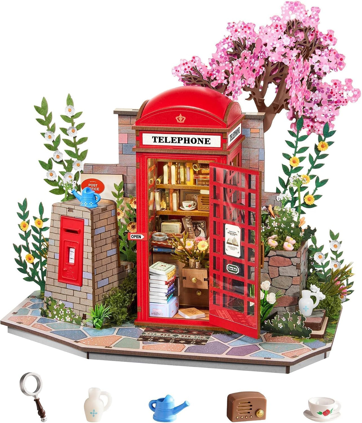 Rolife Rompecabezas de madera 3D estilo vintage, kit de modelo de cabina de teléfono de estilo británico, estantería de bricolaje para adultos, kit de construcción de modelos, manualidades divertidas