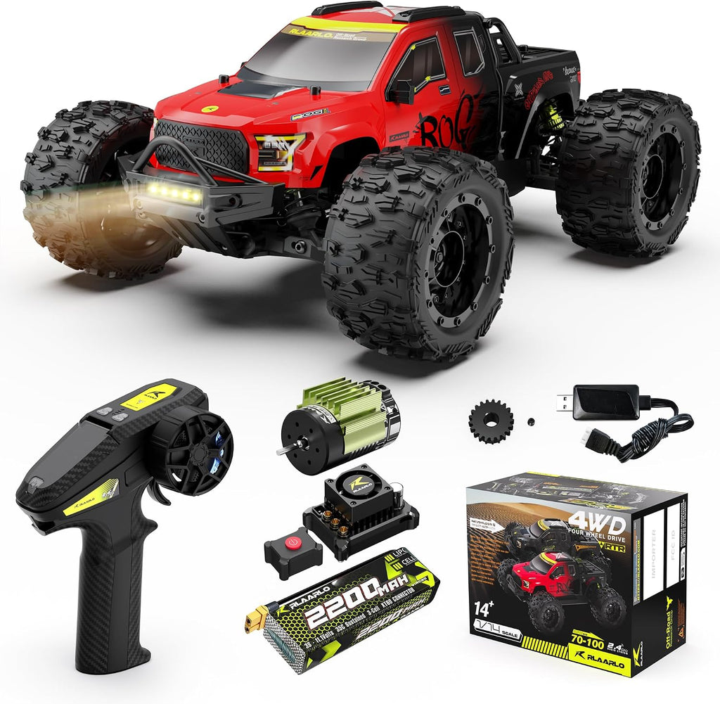 1/14 Coches RC sin escobillas, Camión monstruo, Camión RC, +50 MPH, 4WD, Impermeable, Rojo, Edades 8+