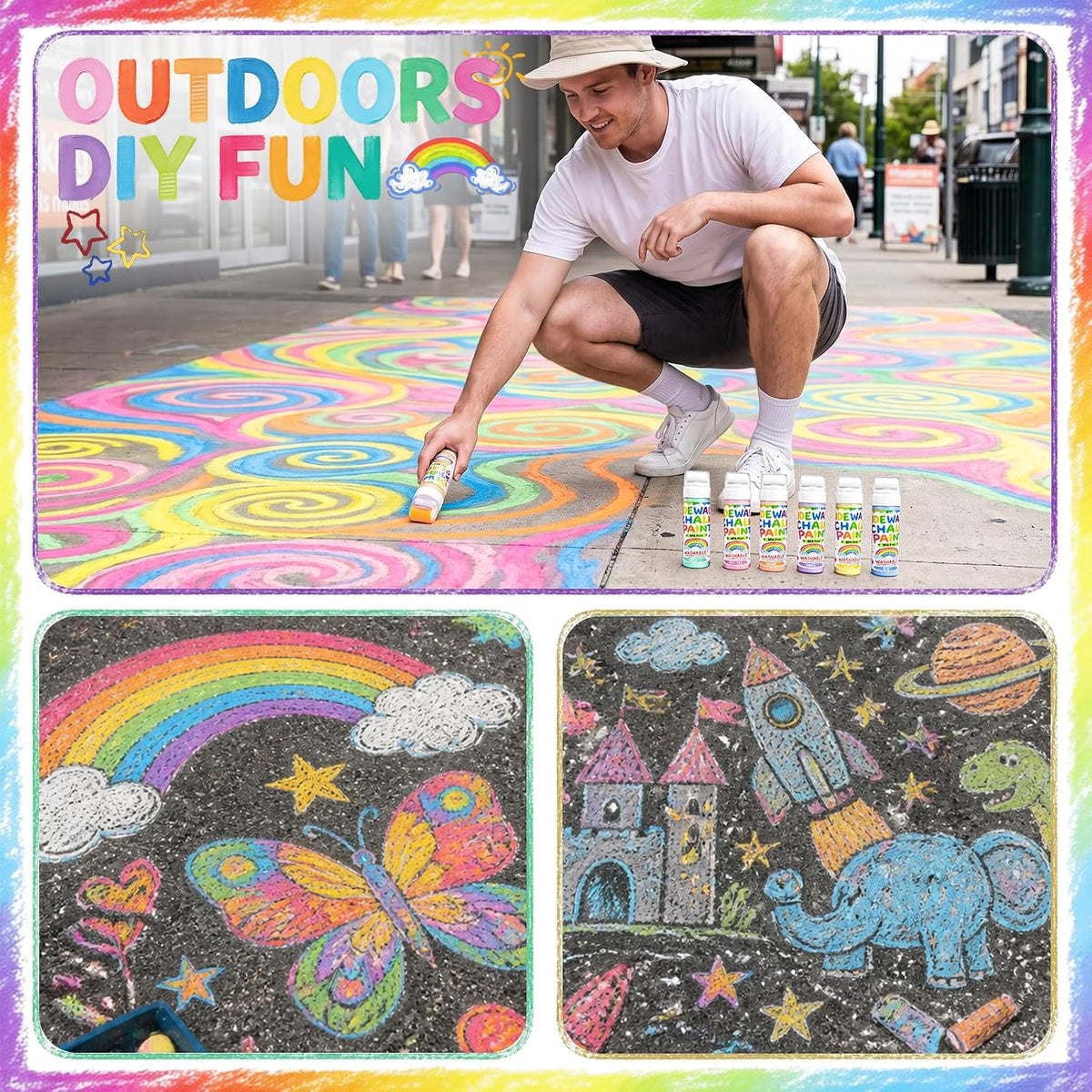 Juego de 12 pinturas de tiza en polvo lavables para acera, mezcla de tiza en polvo lavable en agua con rodillos de espuma, kit de graffiti de arte al aire libre para entrada, parque infantil y