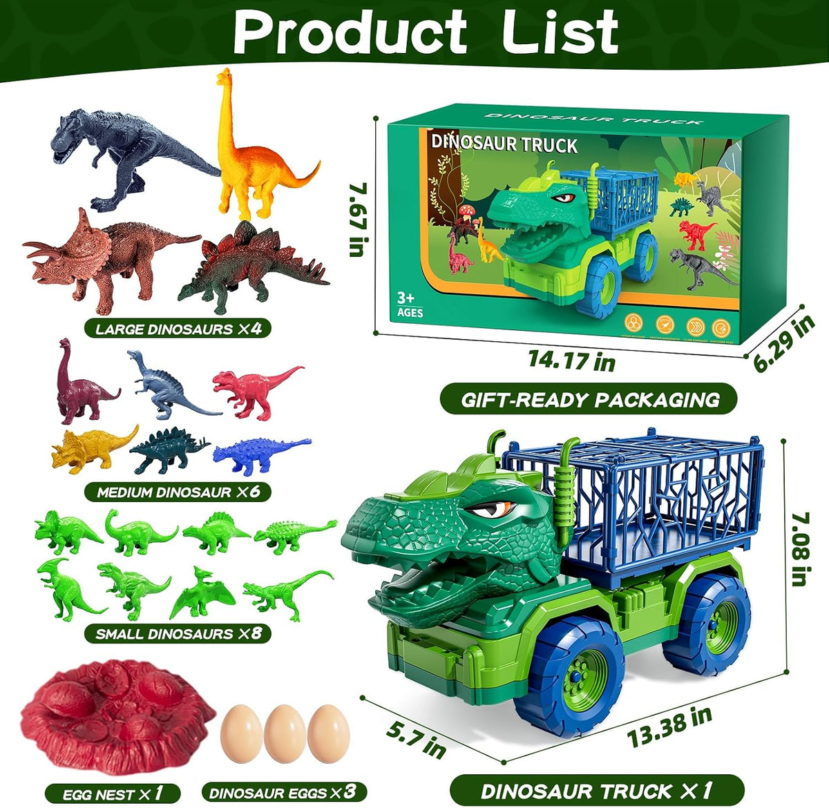 22 en 1 Toddler T-rex Dinosaur Truck Toy Set para Kids Boys 3-5 5-7, Tyrannosaurus Carrier Transport Truck con 18 Jurassic Dino Figures Birthday Toy para Boys Girls 3 4 5 6 7 Years Old
