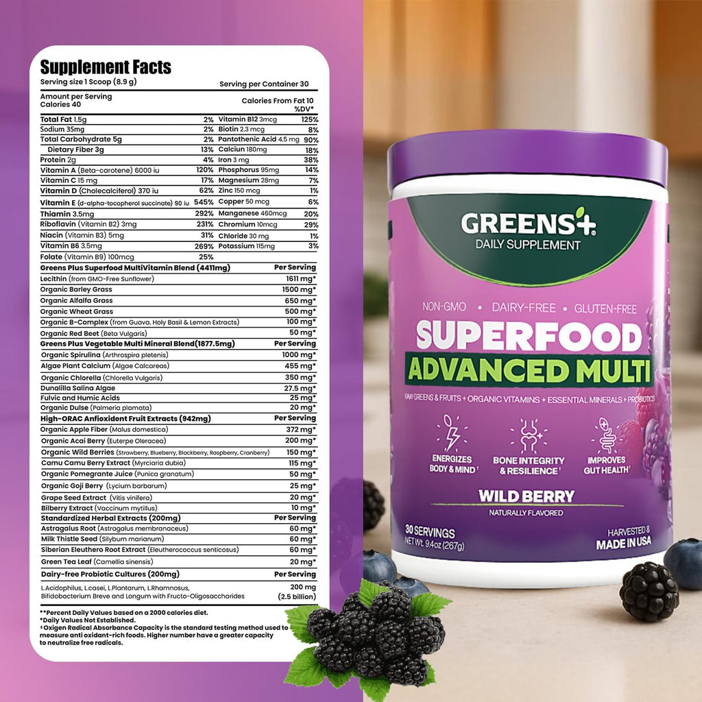Greens+ Advanced Multi Wild Berry Superfood Powder | 9.4 oz, Wildberry
