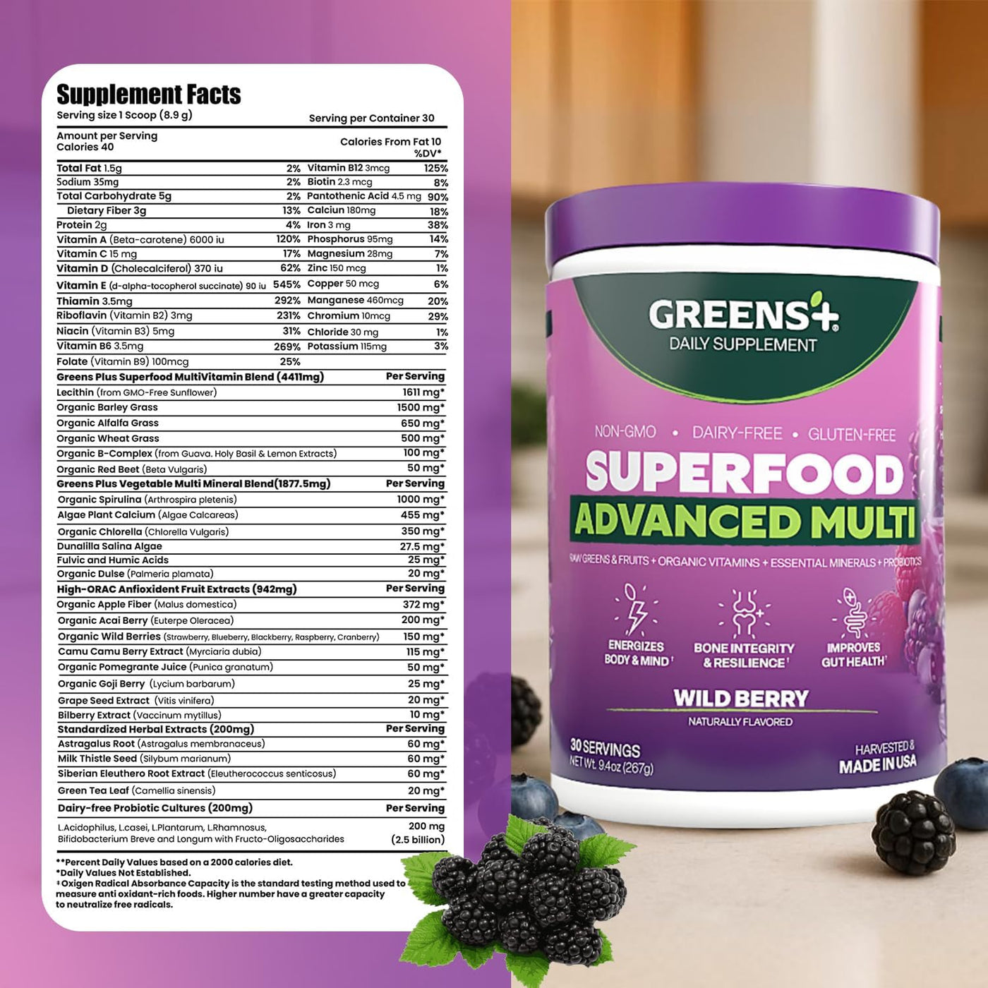 Greens+ Advanced Multi Wild Berry Superfood en polvo, mezcla orgáni...
