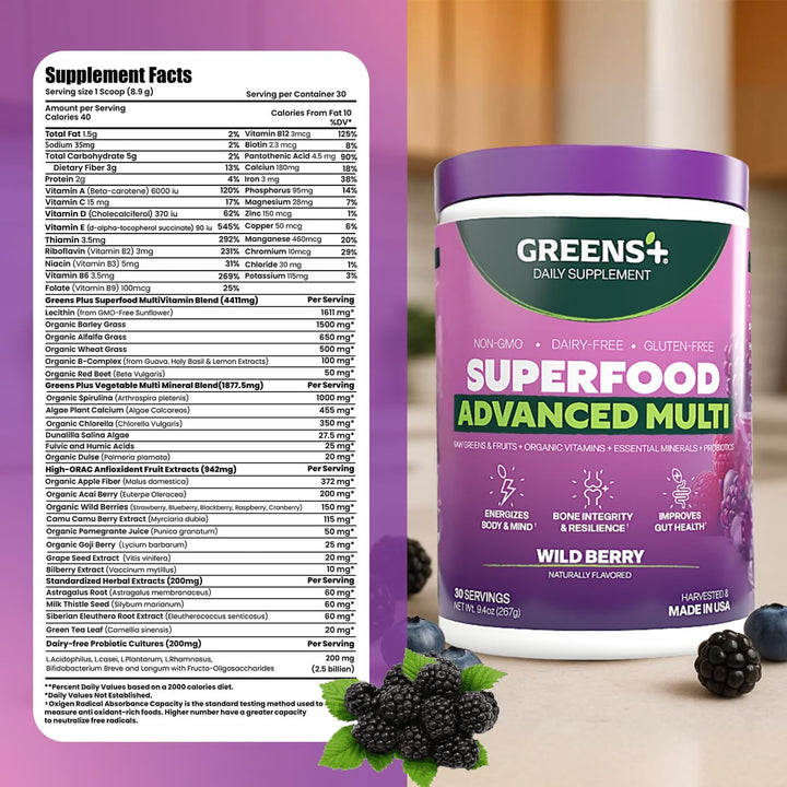 Greens+ Advanced Multi Wild Berry Superfood en polvo, mezcla orgáni...