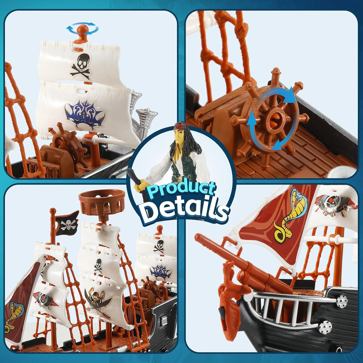 Figuras de acción pirata, juego de barco pirata, juguetes de simulación de barco pirata con 6 figuras de acción y árbol, juguete de juego para niños, juguetes educativos de aprendizaje con figuras