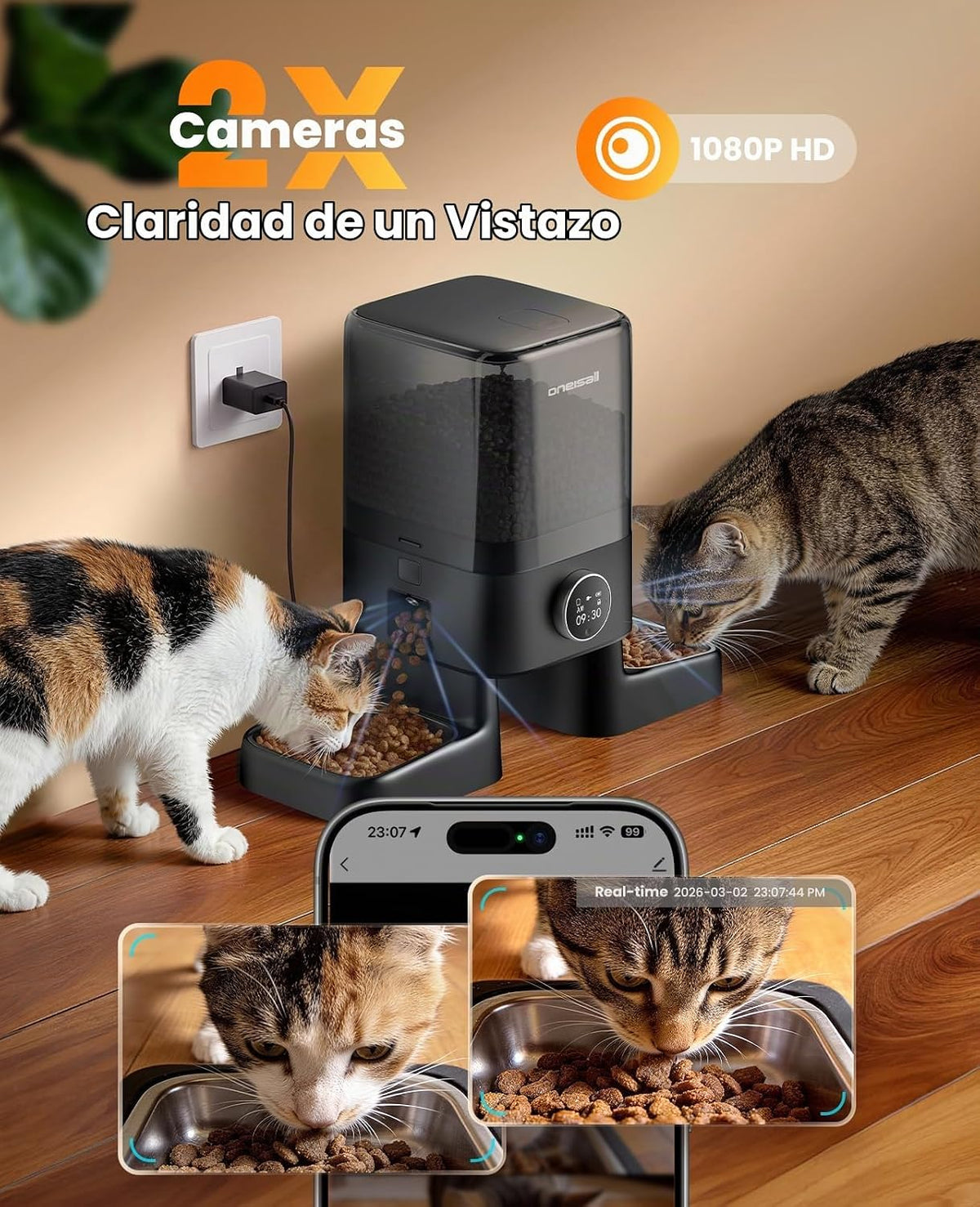 oneisall Comedero automático para gatos con cámara para 2 gatos, visión nocturna HD 1080P, 20 tazas/5 L, audio de 2 vías, aplicación WiFi 5G, control remoto, alimentador para mascotas
