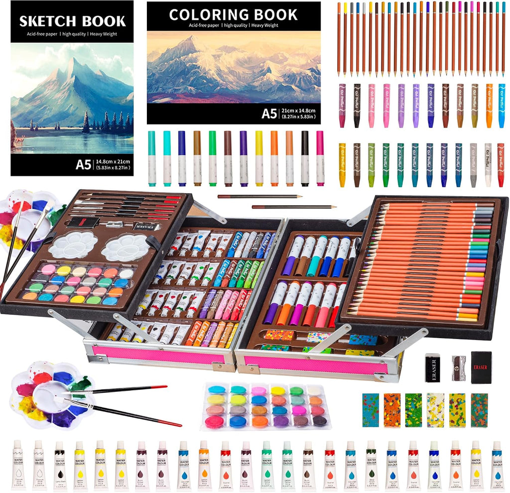 KINSPORY Juego de arte, paquete de 139 suministros de arte de pintura y dibujo con 2 blocs de bocetos, manualidades de arte de doble capa, lápices de colores, pasteles al óleo, pinturas de acuarela