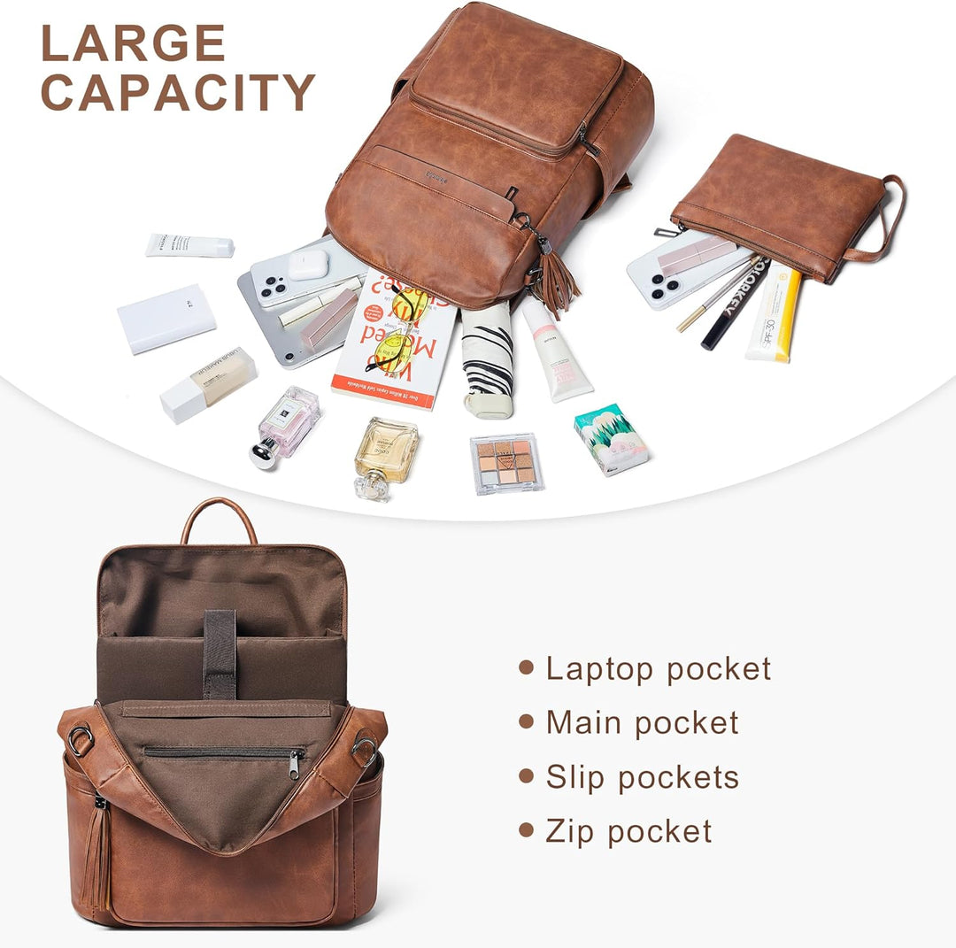 Shrrie Mochila de cuero vegano para computadora portátil para mujer...