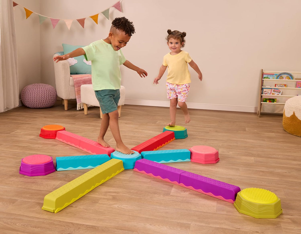 B. toys Balance Beam Set, 10 Beams & 6 Sensory Stepping Stones, Rainbow