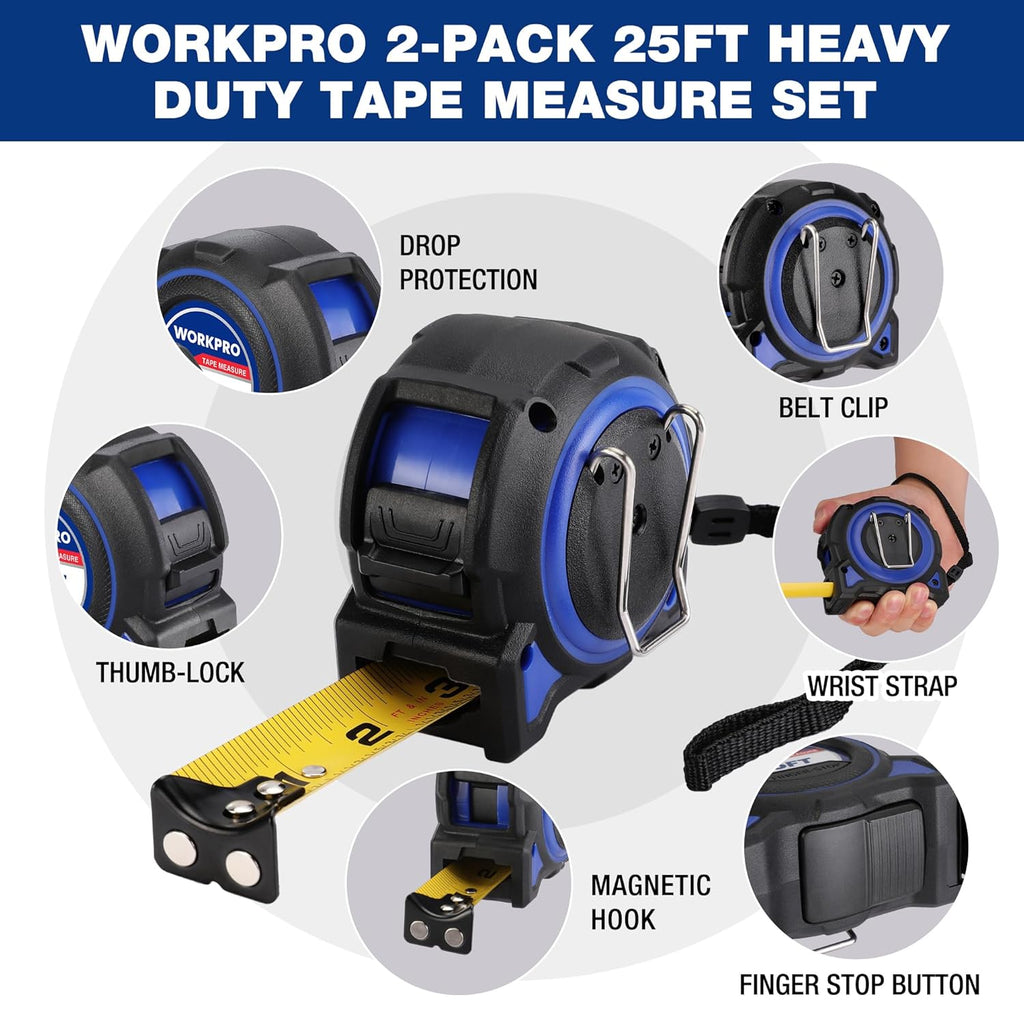 WORKPRO Cinta métrica resistente, 2 unidades de cinta métrica retráctil de