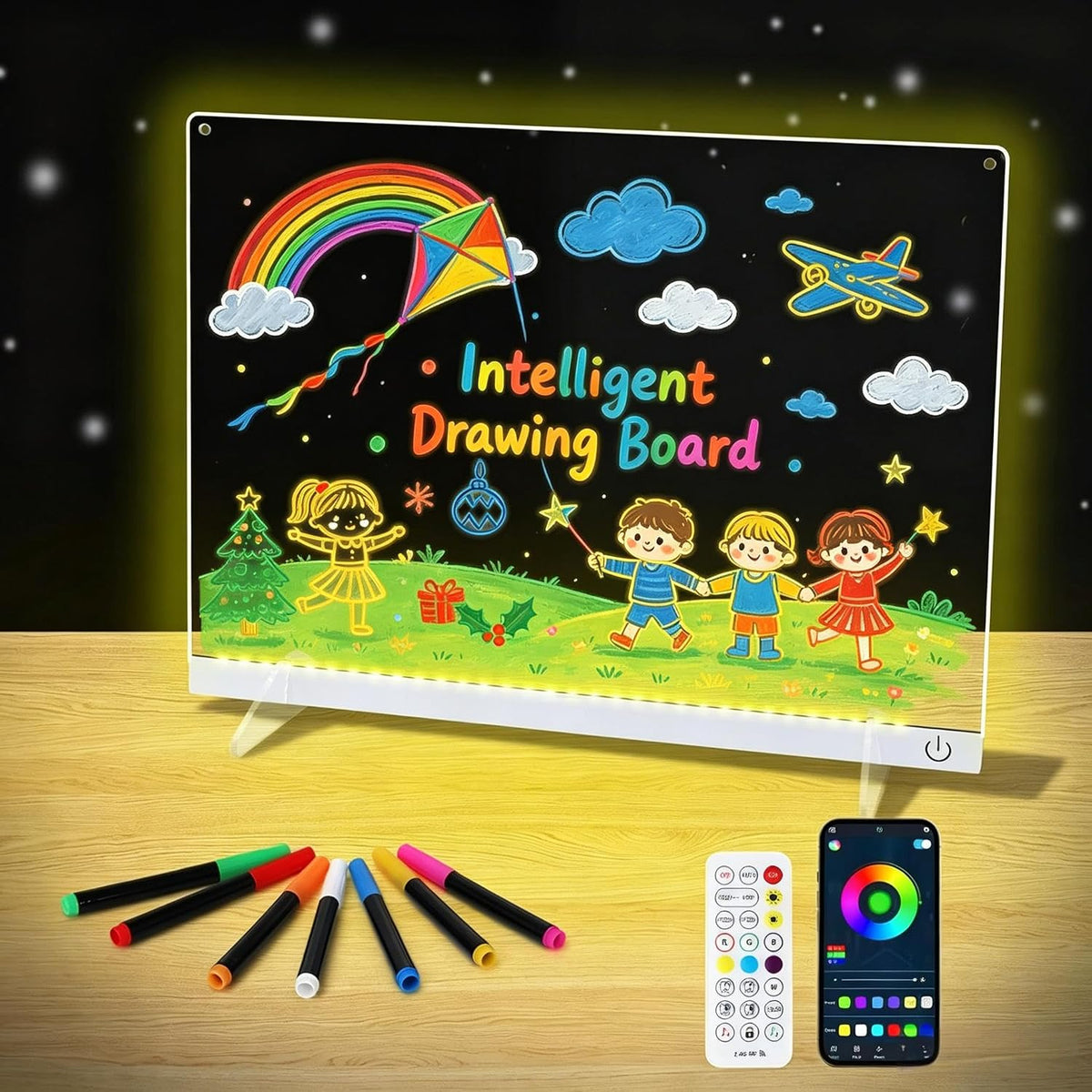 Tablero de dibujo inteligente de 14.1 x 10.9 pulgadas con control remoto de aplicación de sincronización de música, tablero de notas LED brillante con colores, tableta de dibujo con luz de neón