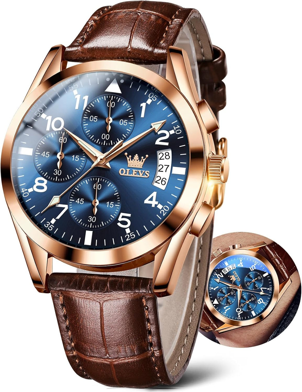 OLEVS Reloj de vestir de cuero para hombre, casual, cuarzo, marrón, pulsera, con fecha