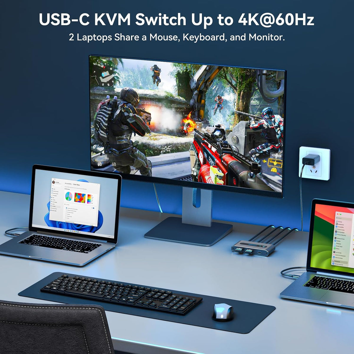 Conmutador KVM USB C para 2 computadoras 1 monitor, 4K @60Hz HDMI