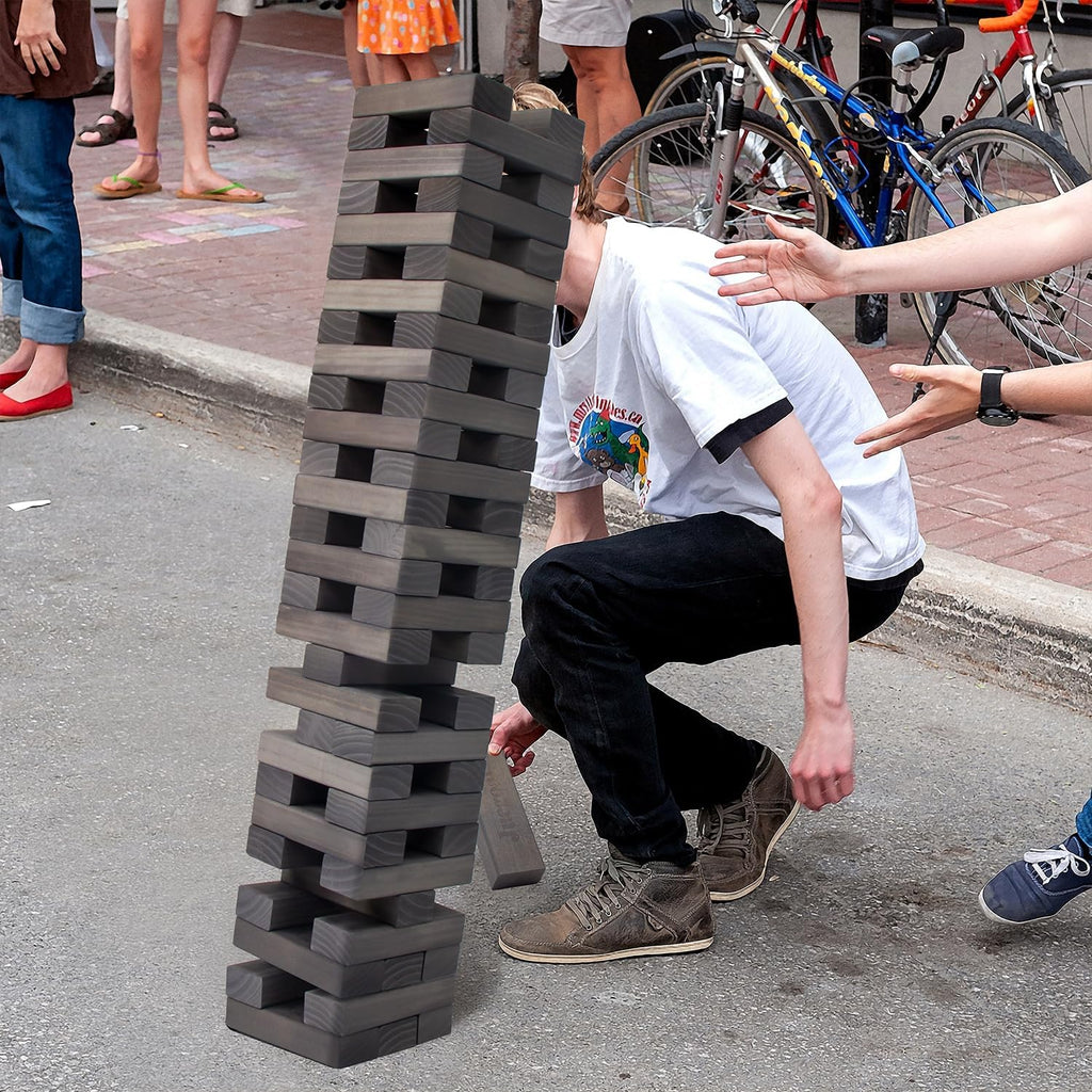 Juegoal Torre Gigante de Caída de 54 Piezas Gris para Adultos, Niños y Familia, Juego de Apilamiento de Bloques de Madera con Tablero de Juego y Bolsa de Lona, Juegos al Aire Libre para Patio Trasero