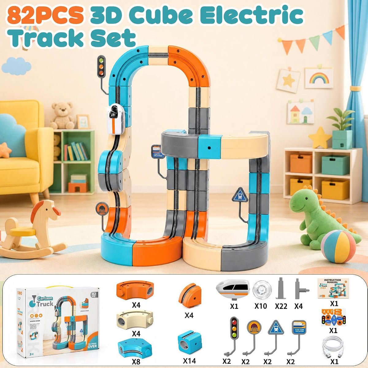 Juego de tren eléctrico, 82 piezas de cubo 3D que desafía la gravedad de
