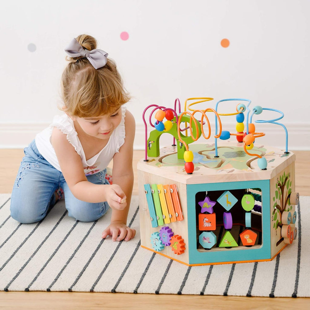 Teamson Kids Laboratorio de Juego Preescolar 7 en 1 Estación Centro de Cubo de Actividades de Madera Grande Laberinto de Cuentas y Conteo para Niños Juguetes para Bebés, Natural