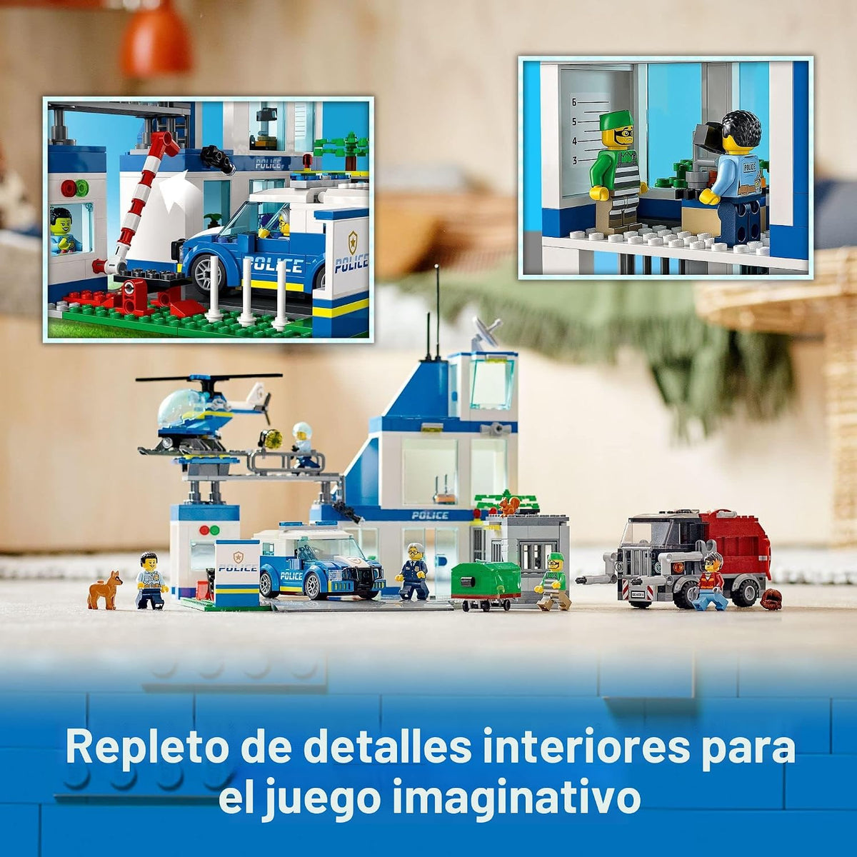 LEGO Estación de policía de la ciudad con furgoneta, camión de basura y juguete de helicóptero 60316, regalos para niños de 6 años de edad, niños y niñas con 5 minifiguras y juguete para perros