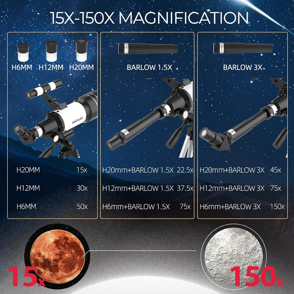Telescopio para niños y principiantes, 2.756 in de apertura (15X-150X) AZ Mount Telescopios para astronomía, telescopio refractor portátil con trípode, adaptador de teléfono