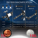 Telescopio para niños y principiantes, 2.756 in de apertura (15X-150X) AZ Mount Telescopios para astronomía, telescopio refractor portátil con trípode, adaptador de teléfono