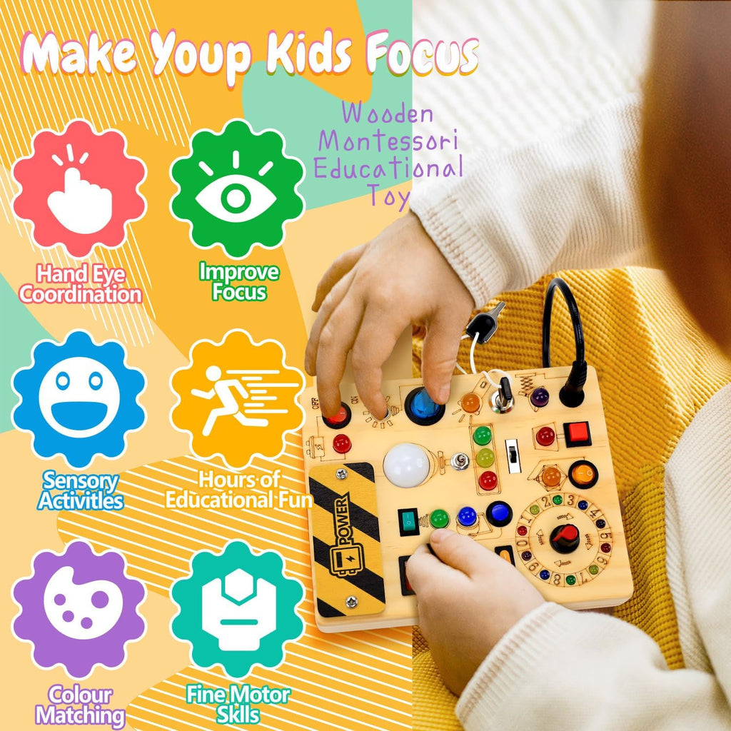Tablero de actividades con interruptores de luz LED, juguetes Montessori para niños de 1, 2, 3 años, tablero de actividades sensoriales de madera para niños pequeños, juguetes de viaje para niños y niñas de 1 año o más, regalo de cumpleaños
