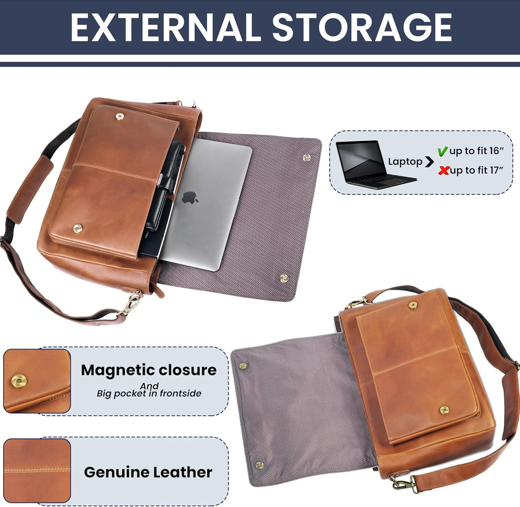 LEATHER VILLAGE Bolso Mensajero de Cuero Vintage–Morral Hecho a Mano de 15.5" para Hombres y Mujeres– Bolso de Hombro para Oficina, Viajes y Uso Diario