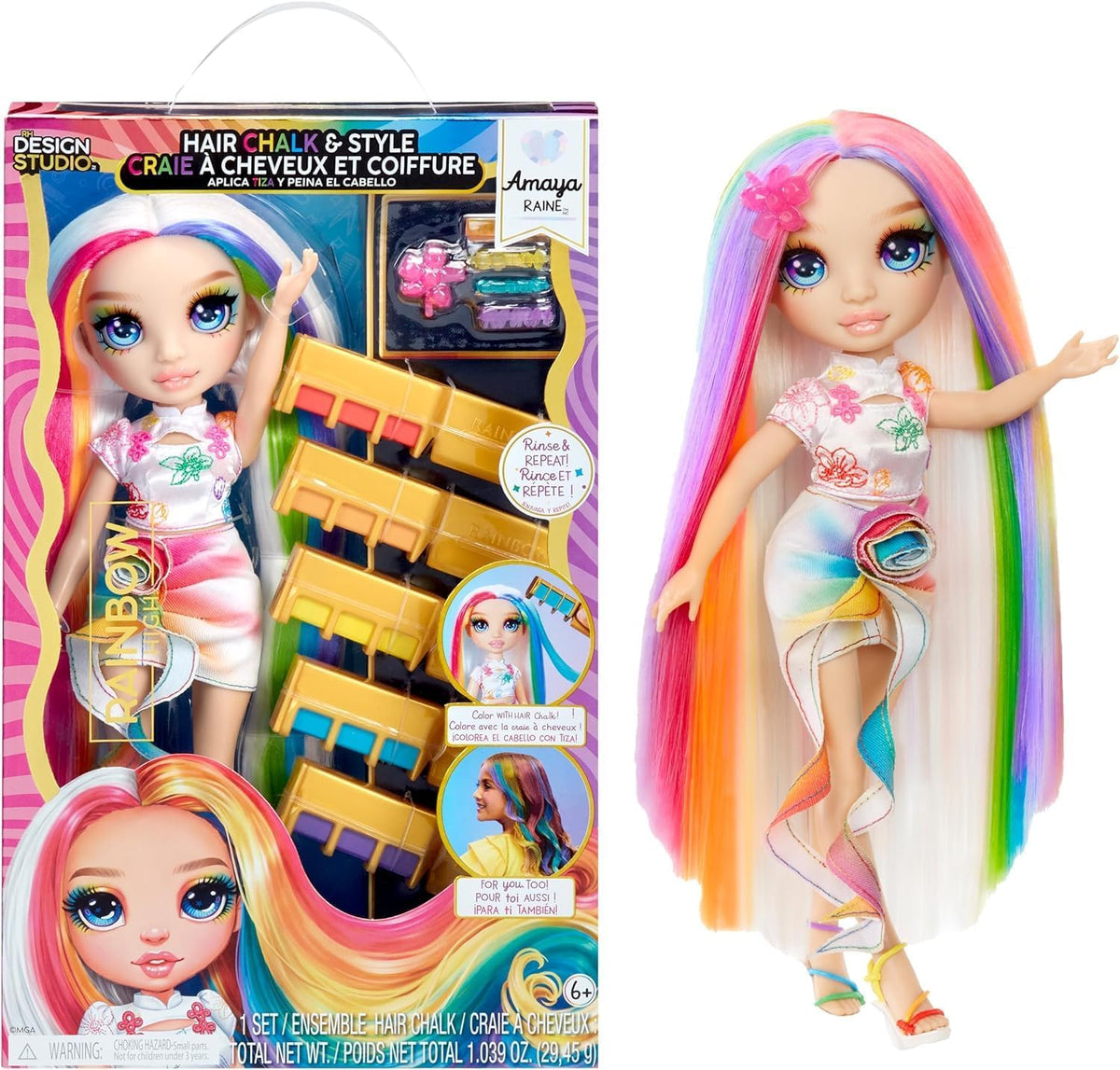 Tiza para cabello de Rainbow High y estilo Amaya - Muñeca arco iris de 27.9 cm. Tiza para cabello lavable, color, estilo, juego, enjuague y repetición. Gran regalo para niños de 4 a 12 años o más