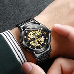 OLEVS Reloj de esqueleto de oro para hombre automático mecánico de cuerda automática lujoso de vestir de acero inoxidable impermeable luminoso relojes de pulsera