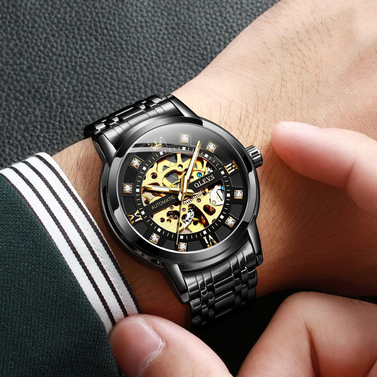 OLEVS Reloj de esqueleto de oro para hombre automático mecánico de cuerda automática lujoso de vestir de acero inoxidable impermeable luminoso relojes de pulsera