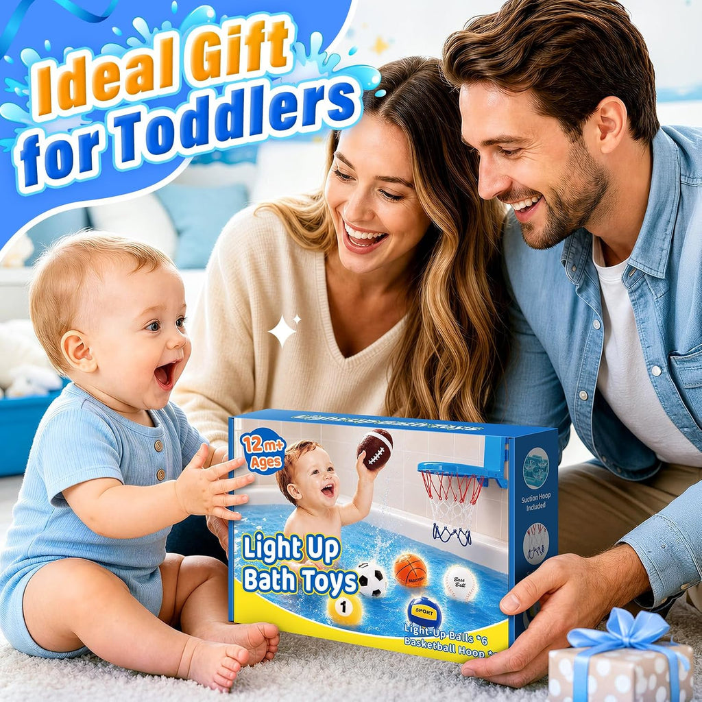 Juguetes de baño, juguete iluminado para bañera para niños pequeños de 1-3 años, 6 piezas con aro de baloncesto
