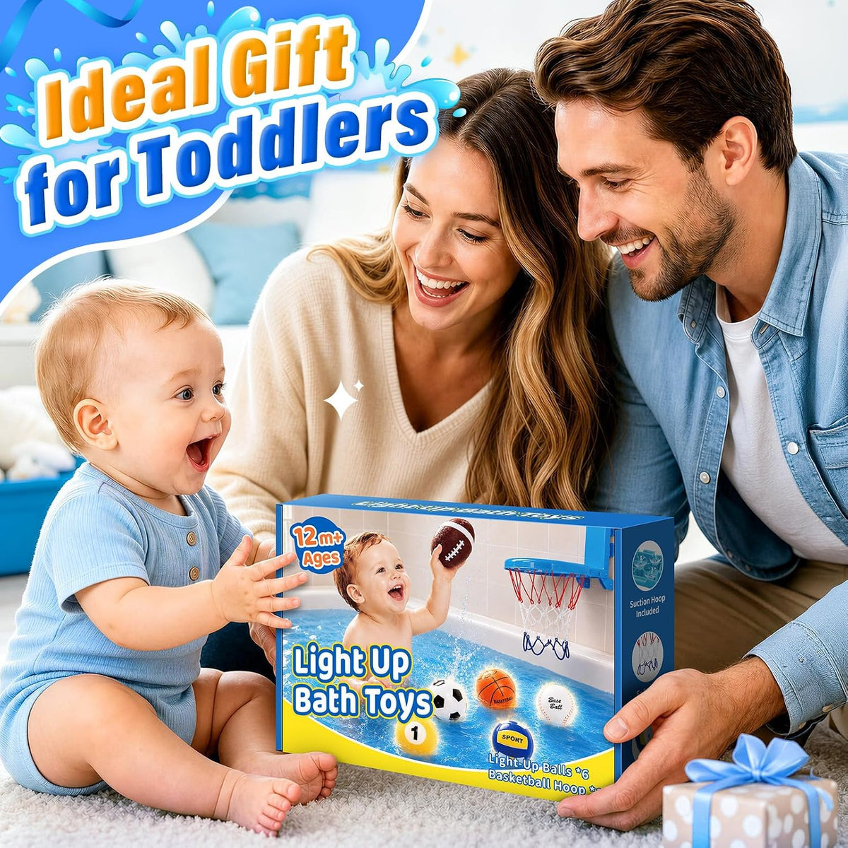 Juguetes de baño, juguete iluminado para bañera para niños pequeños de 1-3 años, 6 piezas con aro de baloncesto