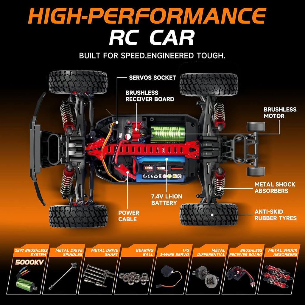 Autos RC rápidos sin escobillas 1/16 para adultos Fast 50+ KMH 4WD Off-Road de alta velocidad sin escobillas de control remoto con 2 baterías LiPo de 7.4V 2000mAh