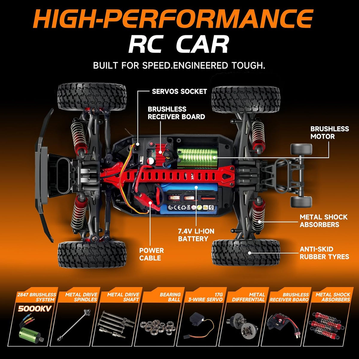 Autos RC rápidos sin escobillas 1/16 para adultos Fast 50+ KMH 4WD Off-Road de alta velocidad sin escobillas de control remoto con 2 baterías LiPo de 7.4V 2000mAh