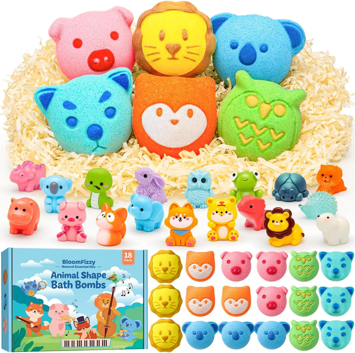 Paquete de 18 bombas de baño en forma de animal para niños con sorpresa en el interior, 6 bonitos diseños de animales, aceites esenciales orgánicos y fórmula segura para niños