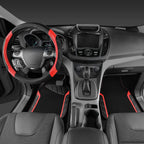 CAR PASS Funda para volante de cuero y alfombrillas de coche impermeables, combo universal de microfibra para coche, diseño deportivo antideslizante seguro y cómodo de 14.5-15 pulgadas para el 95 % de
