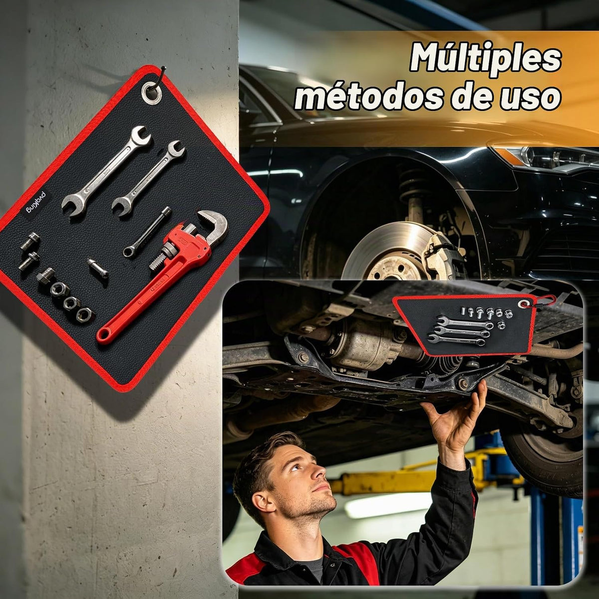 Tapete magnético flexible para herramientas, almohadilla magnética de 40 libras con selector magnético, agujero circular para colgar y gancho de mosquetón, organizador de almacenamiento para automóvil