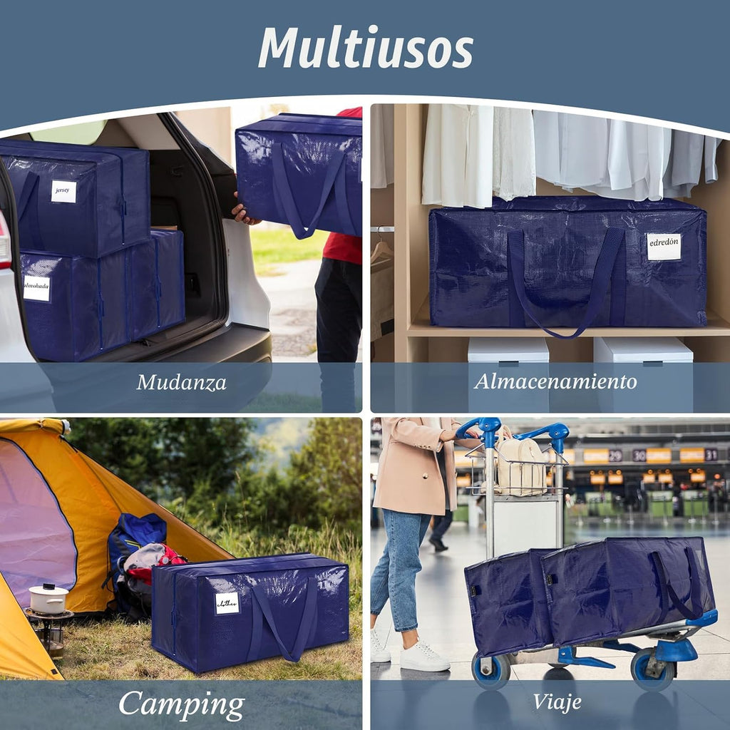 Paquete de 6 bolsas de mudanza grandes extra resistentes con cremallera fuerte y asas cómodas, bolsas de almacenamiento de ropa resistentes y duraderas, cajas de mudanza azules para suministros