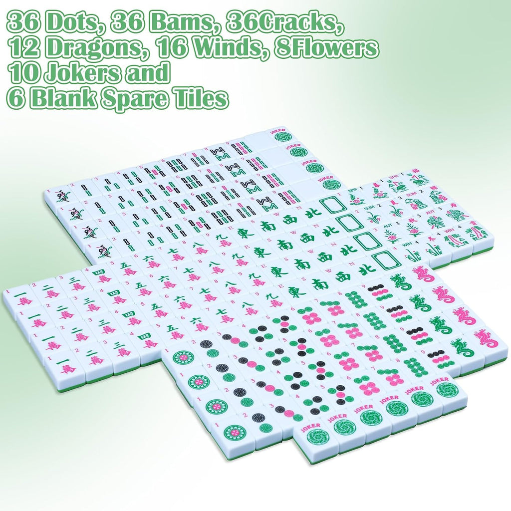 Ceenna American Mahjong - Juego de azulejos de Mahjong, 166 azulejos, 4 bastidores y empujadores todo en uno, juego completo de Mahjong occidental con bolsa de transporte (verde, lindo)