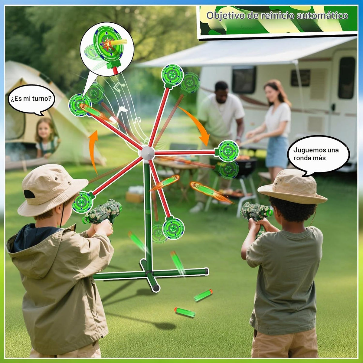 Juegos de disparo de cohetes con objetivo giratorio, 2 pistolas de juguete, 20 dardos de espuma, juguetes para exteriores para niños, para niños de 5, 6, 7, 8, 9, 10+ años, juegos de carnaval