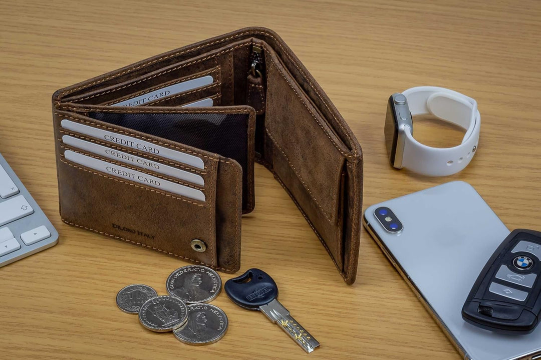 DiLoro Billetera plegable de cuero para hombre, tamaño completo, co...